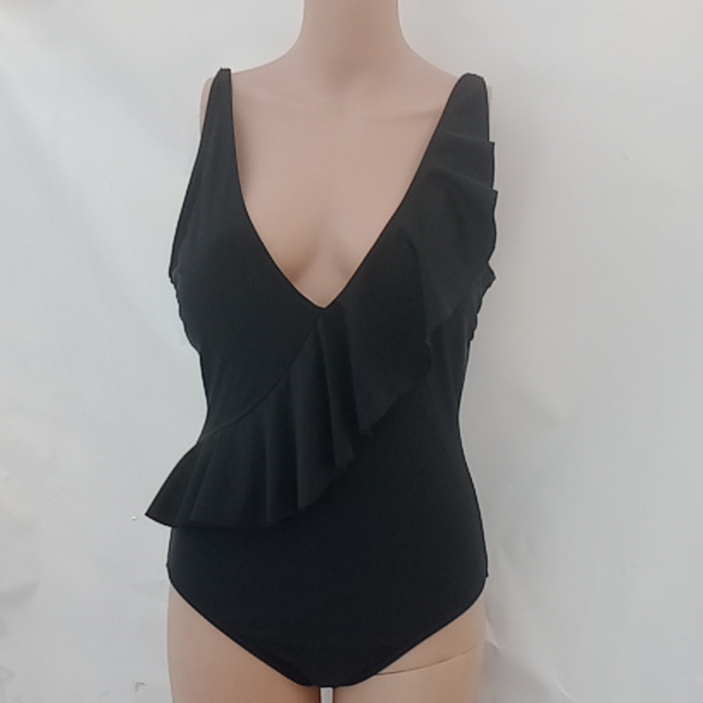 NWOT womans "Kona Sol" ruffle black 1 pc bathingsuit